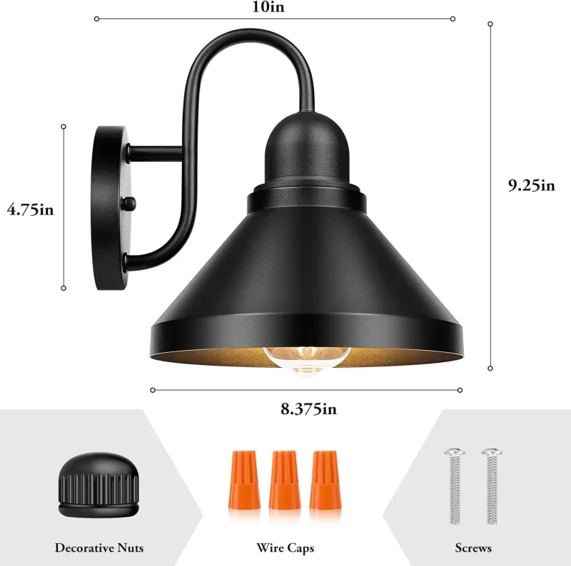 B08020P Outdoor Light Fixtures, 2-Pack Farmhouse Barn Lights for Porch, Industrial Black Exterior Wall Sconce for Garage, Patio, E26 Base Anti-Rust - Image 2