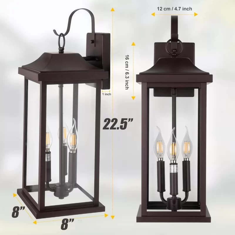 B08038P 3-Light Extra Large 22.5” Outdoor Light for House Oil Rubbed Bronze, IP65 Waterproof Brown Exterior Light Fixture with Clear Tempered Glass Outside Wall Mounted Lamp Front Porch Light, E12 - Image 2