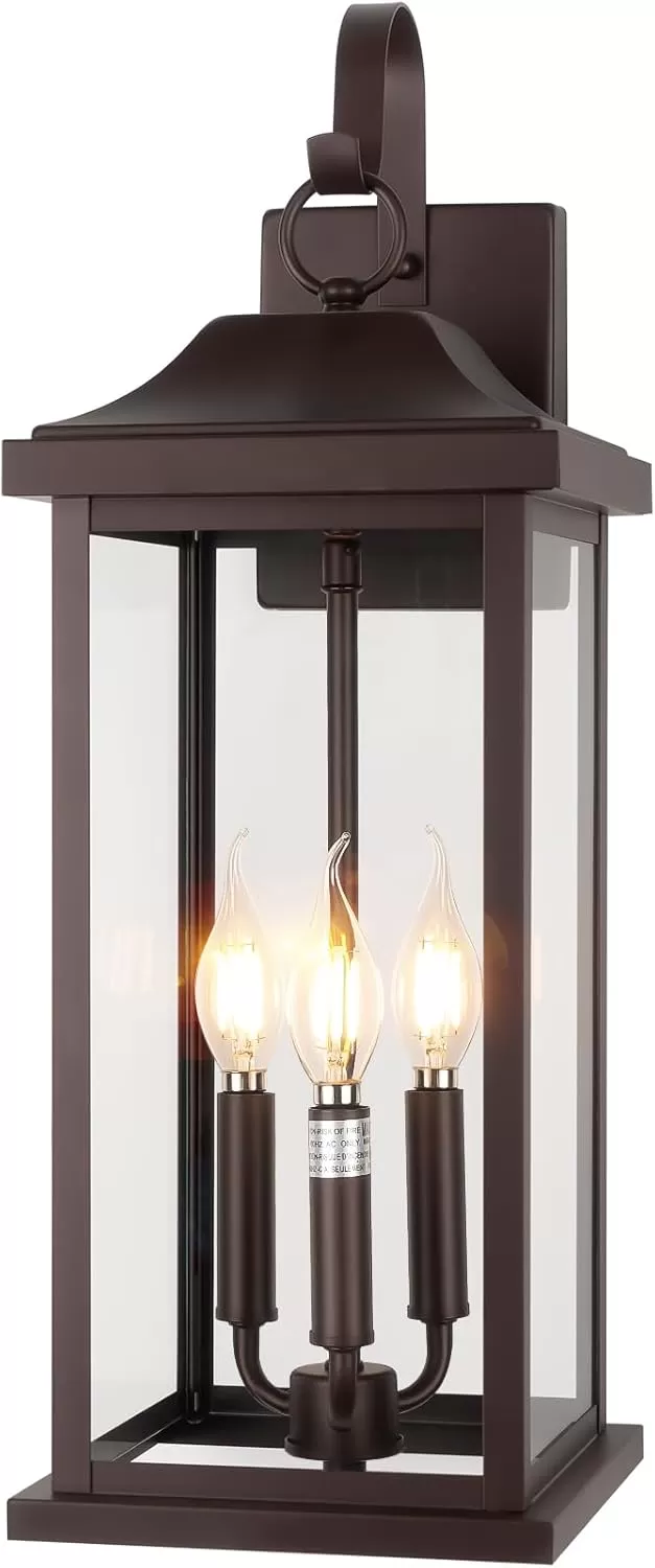 B08038P 3-Light Extra Large 22.5” Outdoor Light for House Oil Rubbed Bronze, IP65 Waterproof Brown Exterior Light Fixture with Clear Tempered Glass Outside Wall Mounted Lamp Front Porch Light, E12