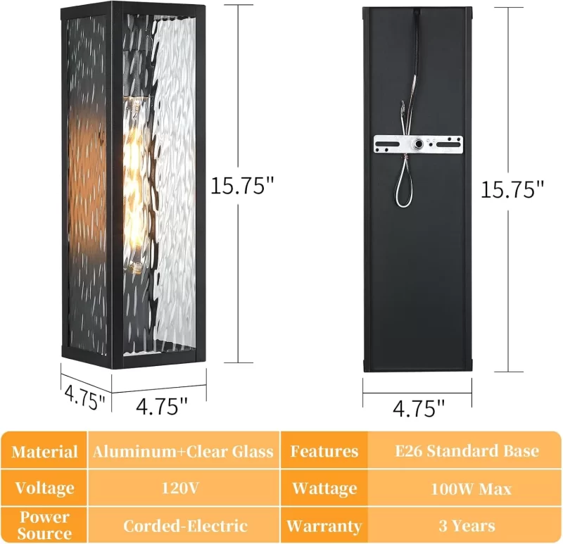 WL105B B04025DP 15.8'' Outdoor Wall Lights Exterior Lighting Fixtures 2 Packs, Modern Black Porch Light for House, Waterproof Outside Lights Wall Sconce Lanterns with Water Ripple Glass for Front Door, Patio, Garage - Image 2