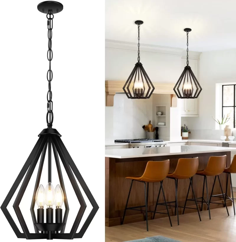 D12007P Pendant Light for Kitchen Island, Farmhouse Chandelier with Adjustable Hanging Height, 3-Light Kitchen Hanging Ceiling Light, Modern Dining Room Lighting Fixture for Hallway Entryway Bedroom
