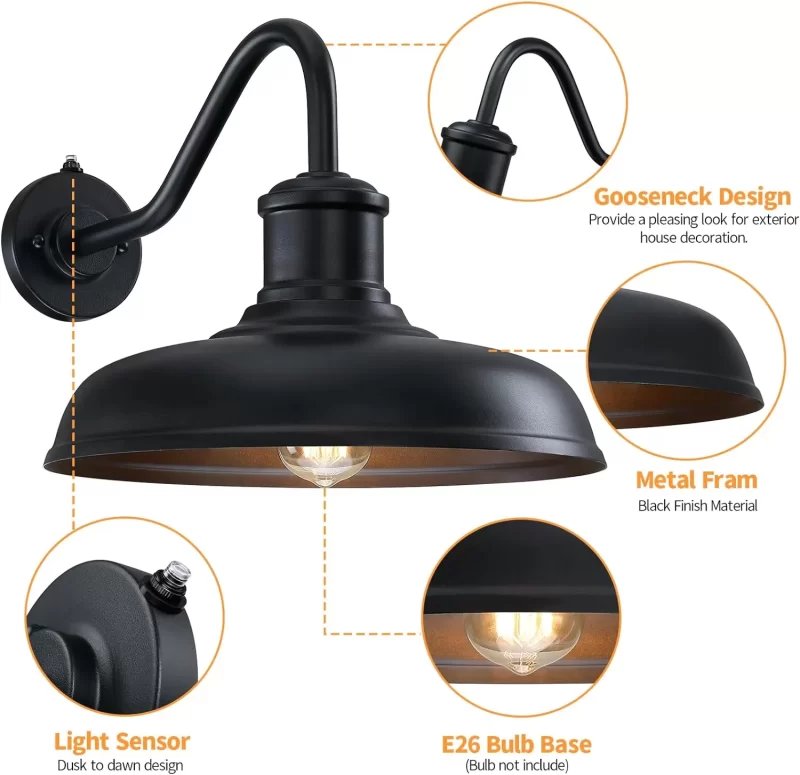 WL404B B13006PP 13.8'' Large Dusk to Dawn Outdoor Gooseneck Barn Light, 2-Pack Outdoor Wall Sconce Farmhouse Exterior Light Wall Lighting Fixture Industrial Black Lantern for Porch, Entryway, Garage - Image 2