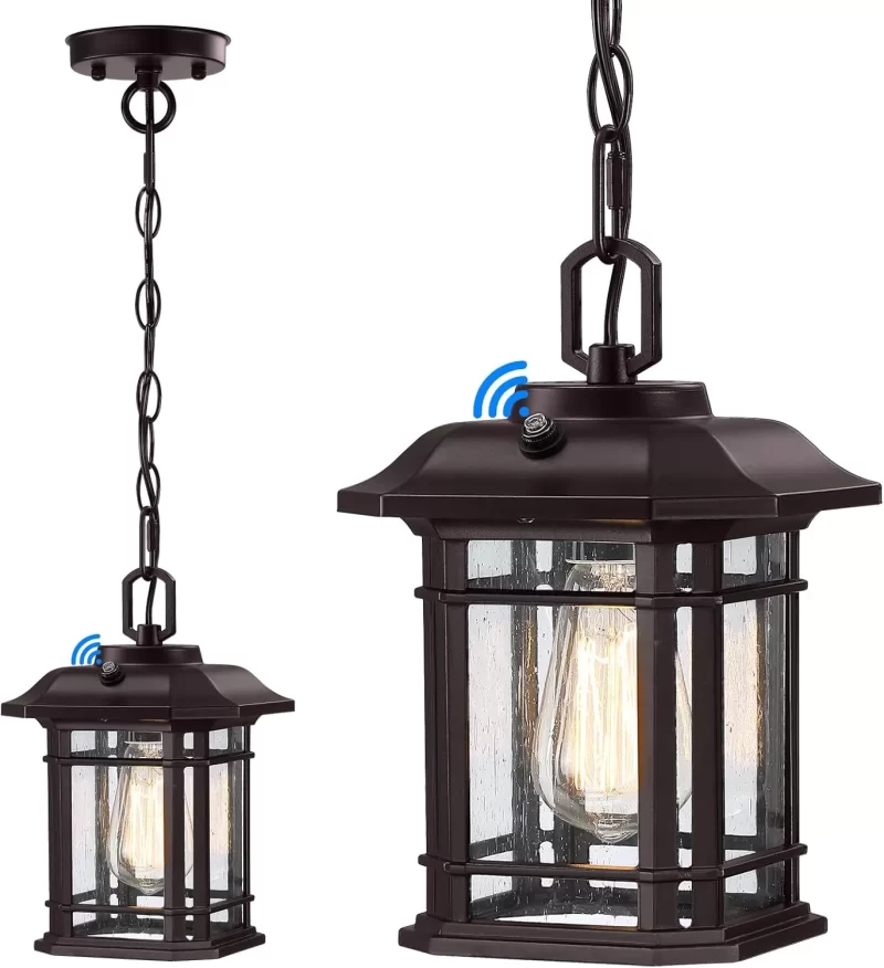 CL204A D07027PP Outdoor Pendant Lights for Porch, Black Exterior Hanging Lanterns Outdoor, Farmhouse Outdoor Ceiling Light Fixture, Waterproof Tempered Seed Glass Outdoor Chandelier