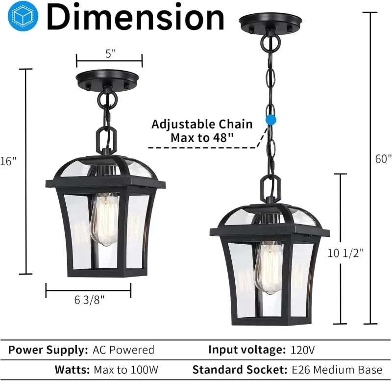 D06100P Outdoor Pendant Lights for Porch, Farmhouse Exterior Hanging Lights Fixture with Adjustable Chain,Modern Black Outdoor Chandelier Lantern with Clear Glass for Front Porch, Yard, Gazebo - Image 5
