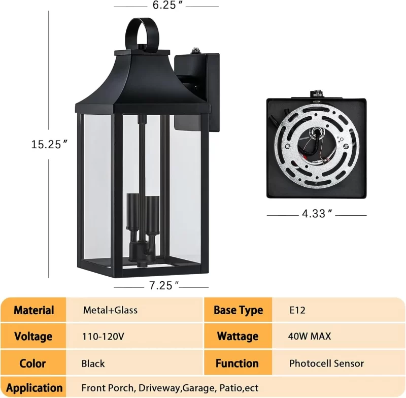 WL303A B06091DPP 15" Dusk to Dawn Black Outdoor Wall Lantern, Outside Modern Wall Sconce Light Fixture, Porch Light Wall Mount with E12 Socket and Glass, Waterproof Exterior Lamp Lighting for Patio Garage - Image 2