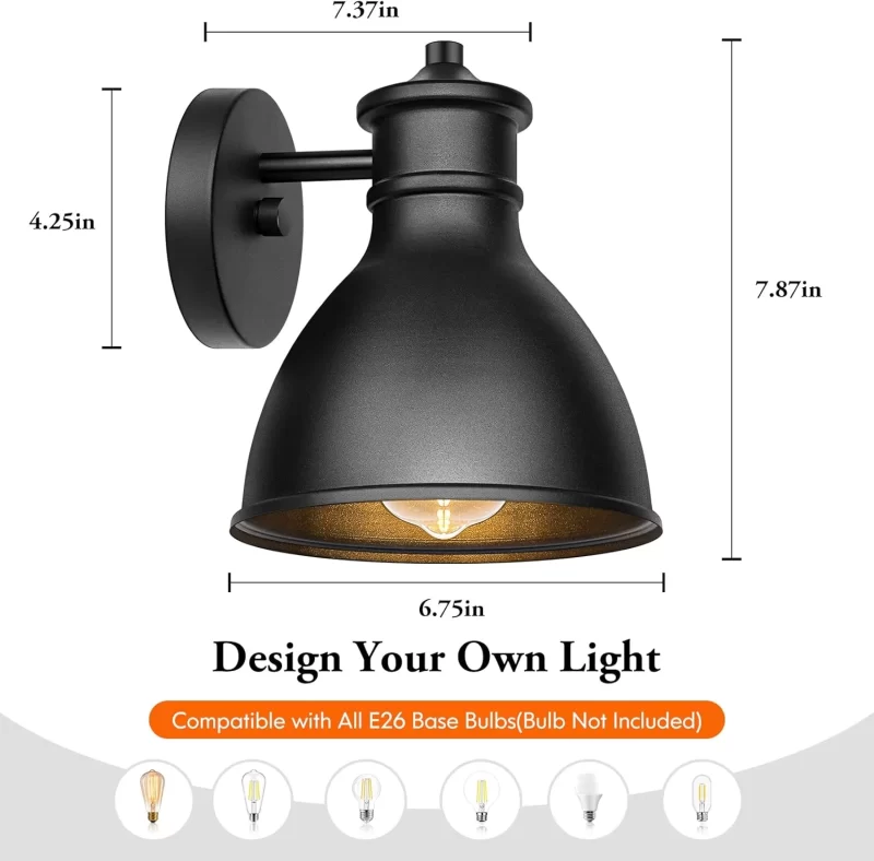 B06084P Outdoor Lights Wall Sconces Lantern, Farmhouse Wall Mount Porch Lights Fixtures, Industrial Patio Exterior Barn Light, Matte Black E26 Socket Lamp for Garage Doorway Bathroom - Image 2