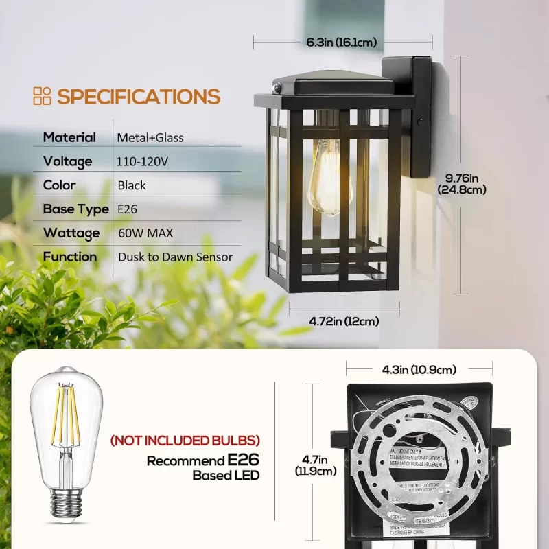 WL310B B05061PP Dusk to Dawn Outdoor Wall Lighting 9.76'', Exterior Light Fixture Wall Mount for House Front Porch Light, Black Anti-Rust Modern Outdoor Wall Lantern with Tempered Glass Shade for Garage - Image 2