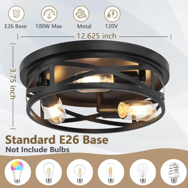 X12021P 13-Inch Farmhouse Ceiling Light Fixture, 3-Light Flush Mount Light Fixture, Kitchen Lighting Fixtures Ceiling with Adjustable Head, Black Light Fixture for Bedroom Hallway Kitchen Entryway - Image 3