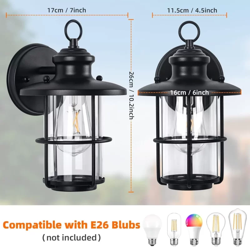 B06101P Outdoor Light Fixture 2 Packs, Exterior Waterproof Wall Sconce Light Fixtures, Outdoor Wall Lighting with Clear Glass Shade, Anti-Rust Porch Lights for Outdoor with E26 Base - Image 2