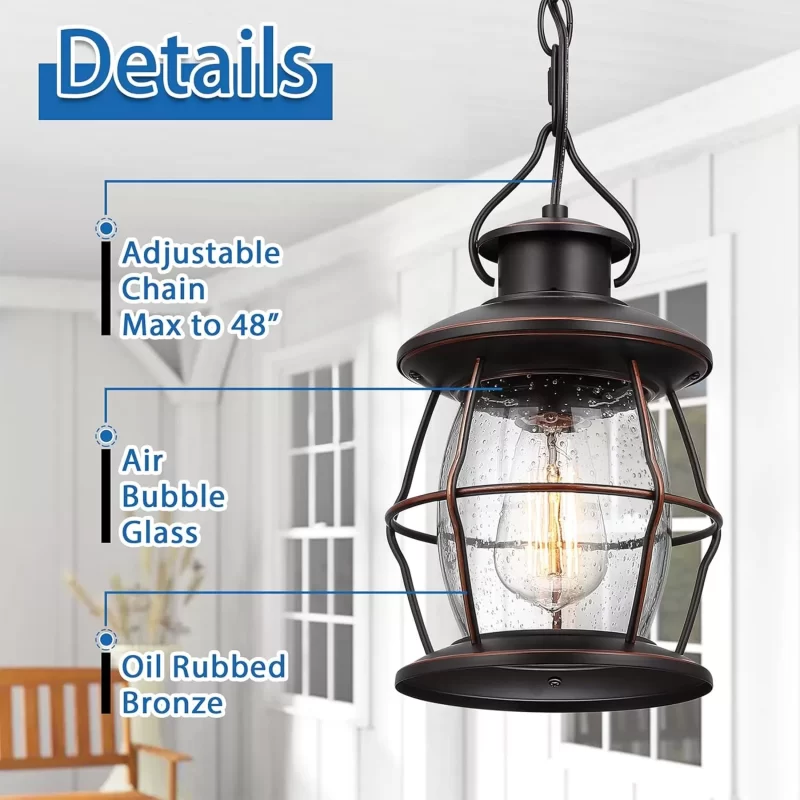 D06066BP Outdoor Pendant Light, Farmhouse Exterior Hanging Light Fixture with Adjustable Chain,Oil Rubbed Bronze Porch Light with Bubble Glass for Front Door Ceiling Entry Patio - Image 3