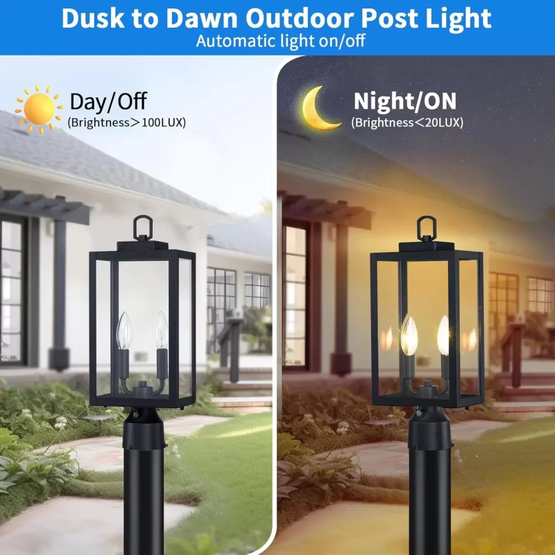 PL103A Z07043BPPDusk to Dawn Outdoor Post Light, 18'' Lamp Post Light Fixture 2-Light, Waterproof Modern Outside Post Lantern Column Lights, Exterior Pole Lighting Pillar Lantern, 1 Pack (Not Include Mounting Base) - Image 2