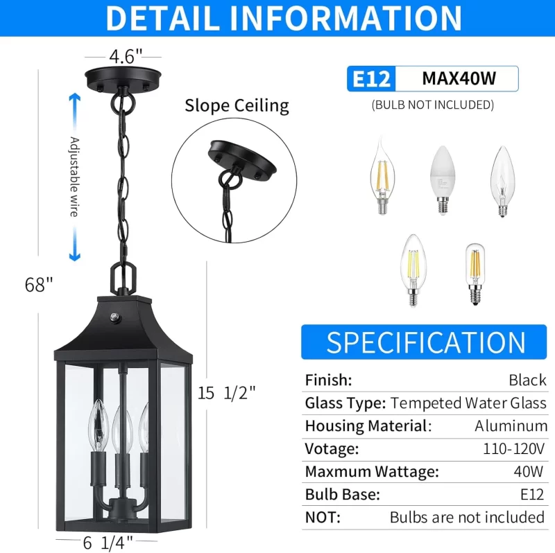 CL205A D06091FPP Large Outdoor Pendant Light Fixtures 3-Light, 15'' Dusk to Dawn Exterior Hanging Lantern Porch Light Adjustable, Black Hanging Lamp Farmhouse Exterior Chandelier Ceiling Mount for Entrance Patio - Image 2