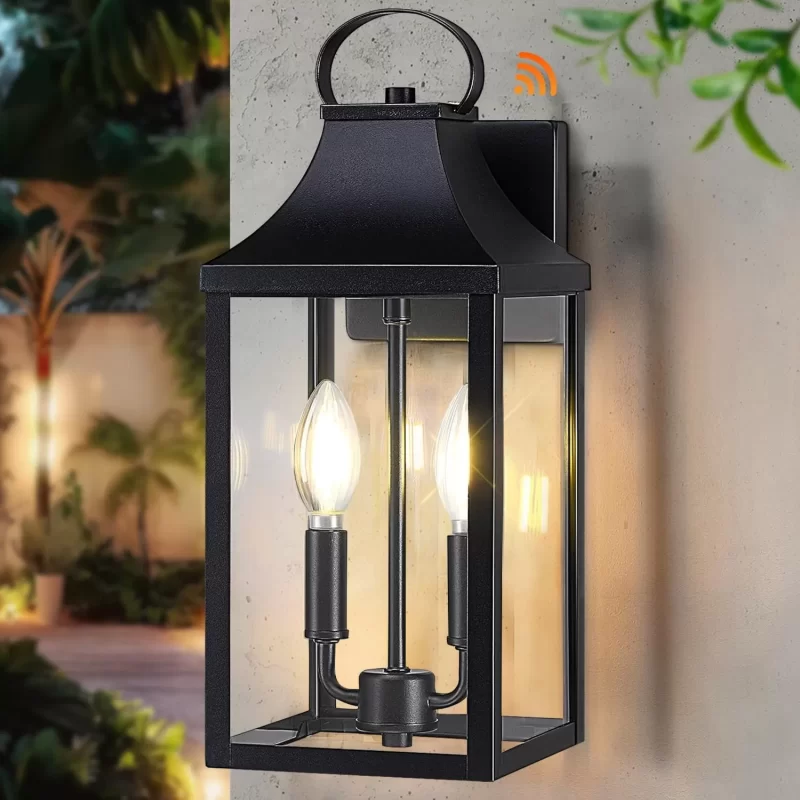 WL303A B06091DPP 15" Dusk to Dawn Black Outdoor Wall Lantern, Outside Modern Wall Sconce Light Fixture, Porch Light Wall Mount with E12 Socket and Glass, Waterproof Exterior Lamp Lighting for Patio Garage