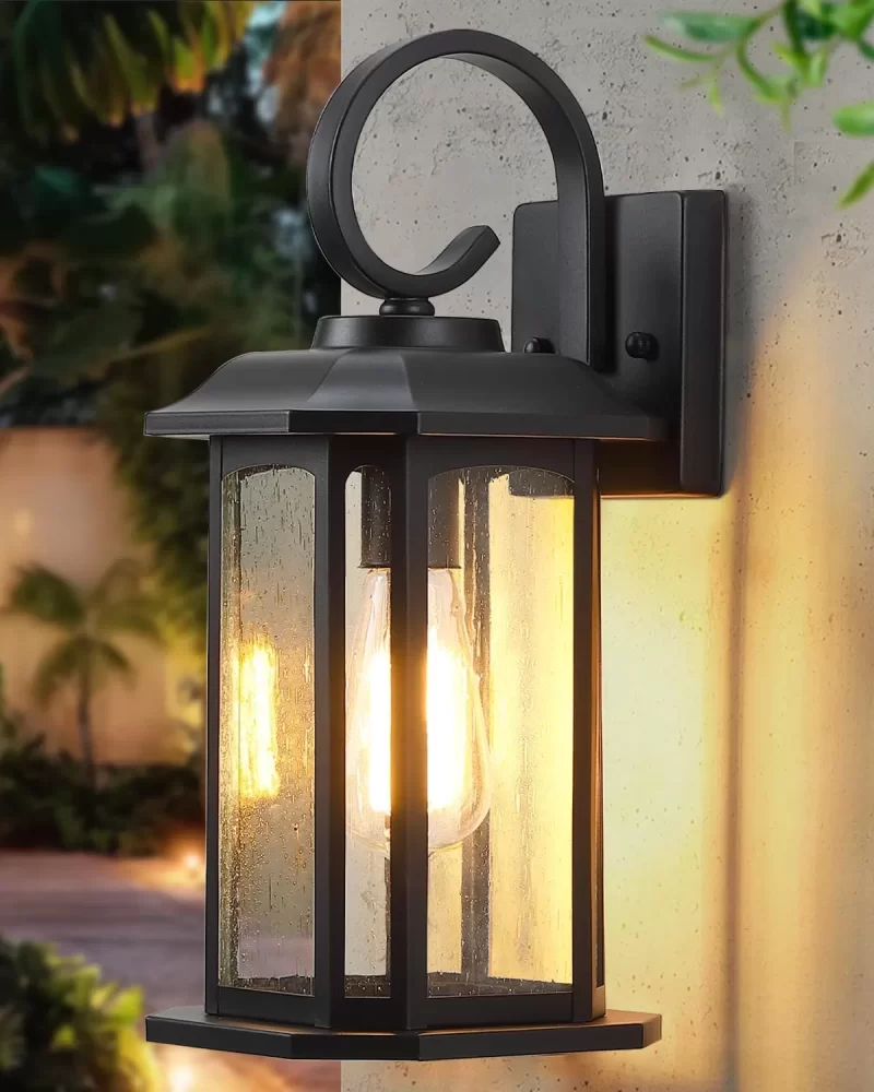 WL313A B07053P 16.8'' Large Dusk to Dawn Outdoor Wall Lights, Black Exterior Lighting Fixtures Wall Sconce with Seeded Glass, Waterproof Front Porch Light Outside Wall Lantern for House Patio Garage