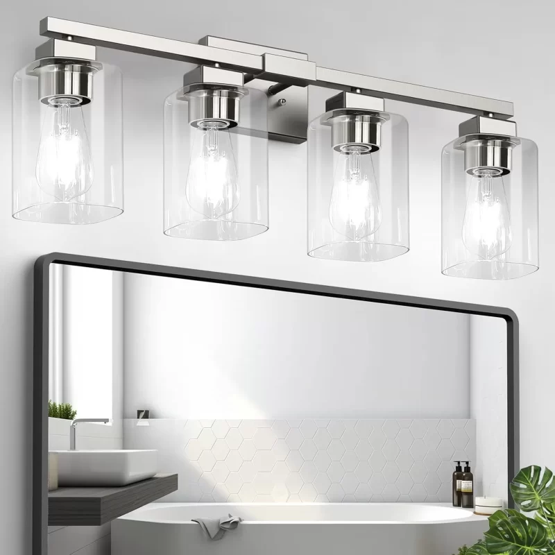 B27003PB 4-Light Bathroom Light Fixtures, Modern Nickel Bathroom Vanity Light, Bathroom Lighting Fixtures Over Mirror, Matte Nickel Bathroom Wall Lamp, Wall Lights for Living Room Bedroom Hallway - Image 3