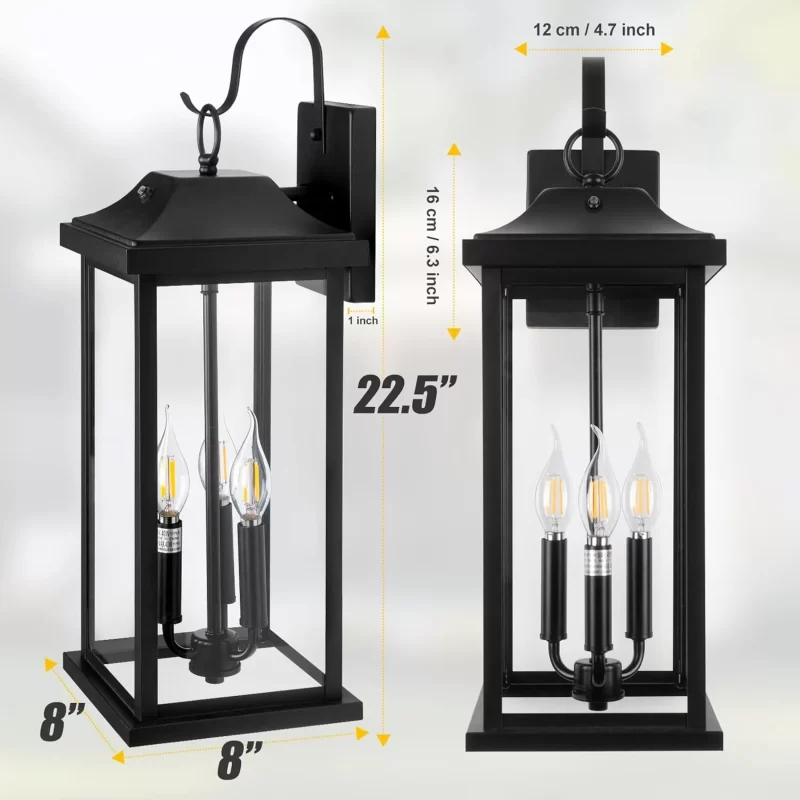 B08038PP 22.5” Dusk to Dawn Outdoor Lighting Extra Large 1 Pack, 3-Light Candelabra Front Porch Light with Photocell Sensor Outside Wall Sconce Modern Exterior Light Fixture Carriage Light, E12 - Image 2