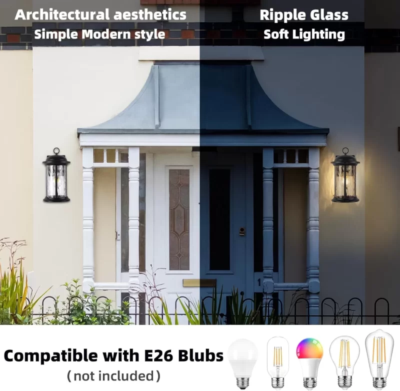 B06102P 2 Pack Exterior Waterproof Wall Sconce Light Fixtures with Clear Glass Shade, Anti-Rust Porch Lights for Outdoor with E26 Socket - Image 3