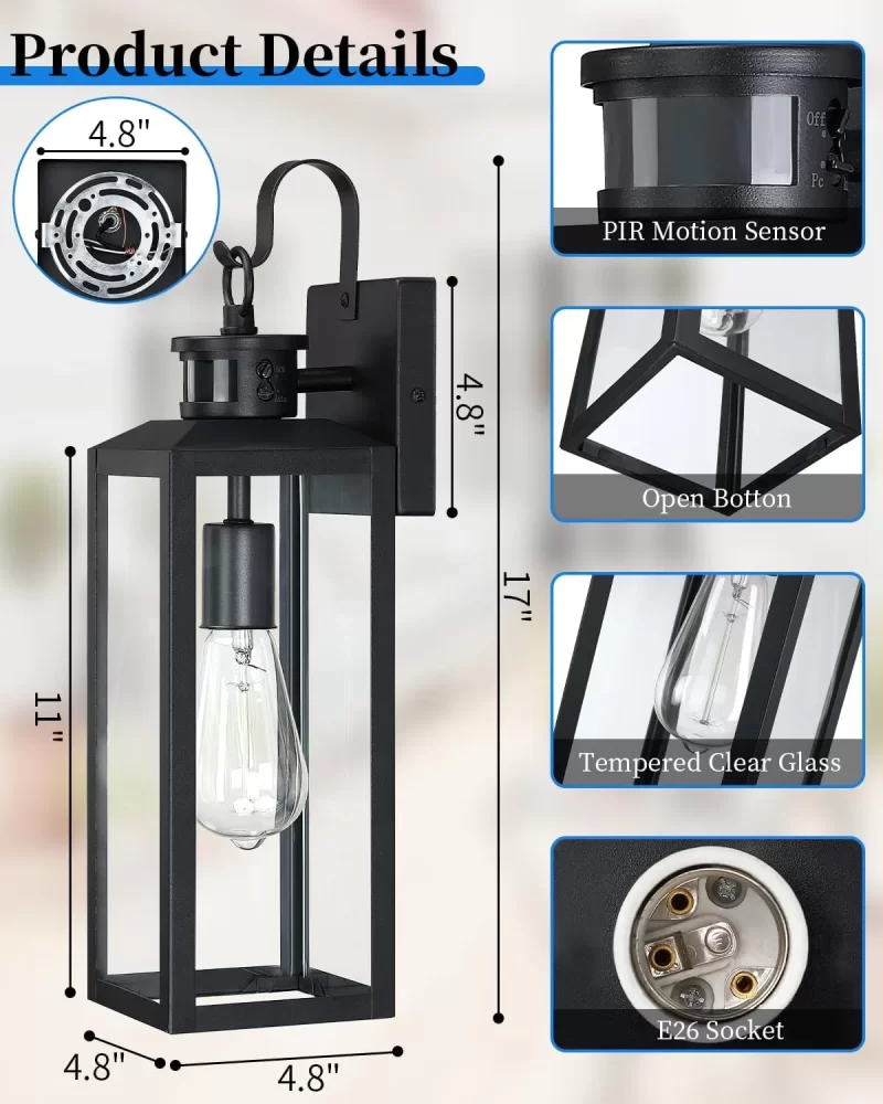 WL109B B04044PG -2PK 17'' Motion Sensor Outdoor Lights Wall Mount, Dusk to Dawn Exterior Light Fixture, Waterproof Anti-Rust Porch Light Outside Wall Lights for House, Black Wall Sconce Lanterns with Clear Glass - Image 2