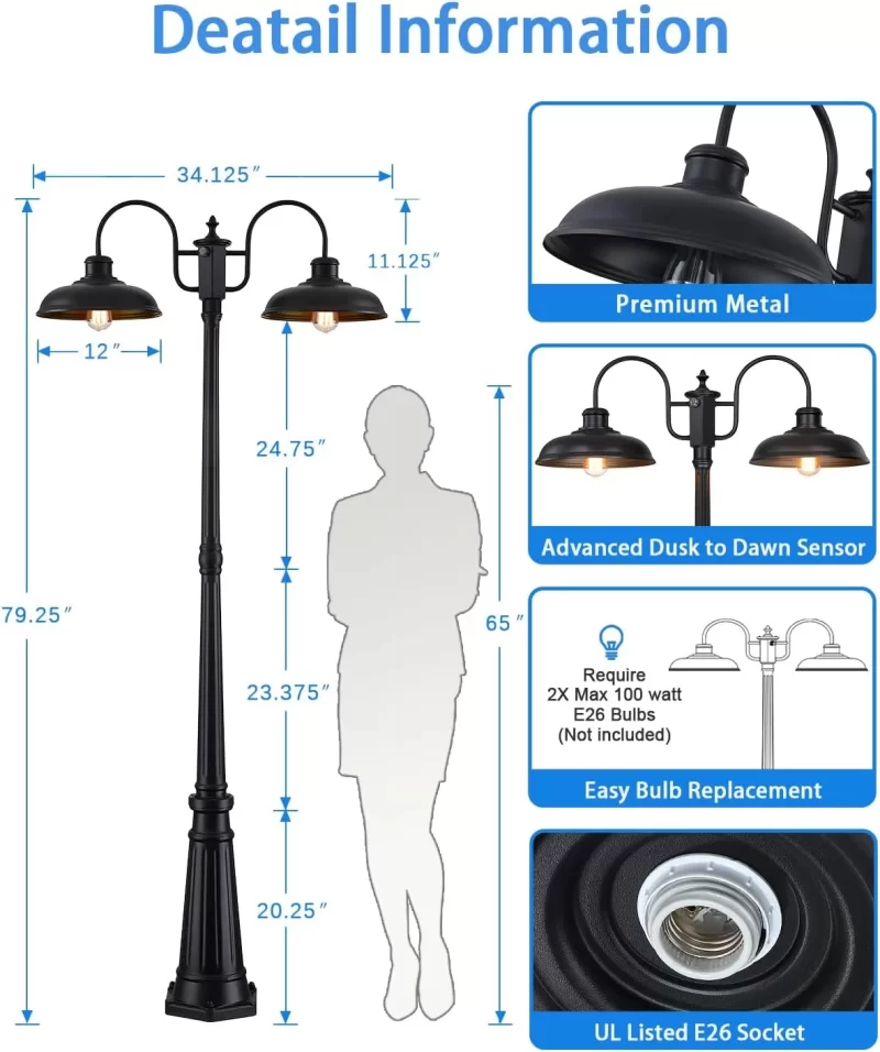 WL202A Z34002PP Dusk to Dawn Outdoor Lamp Post Light 2-Head, Outdoor Post Light Street Light Post for Outside with Sensor, Waterproof Black Farmhouse Pole Lighting Fixture for Backyard Garden Patio Driveway - Image 2