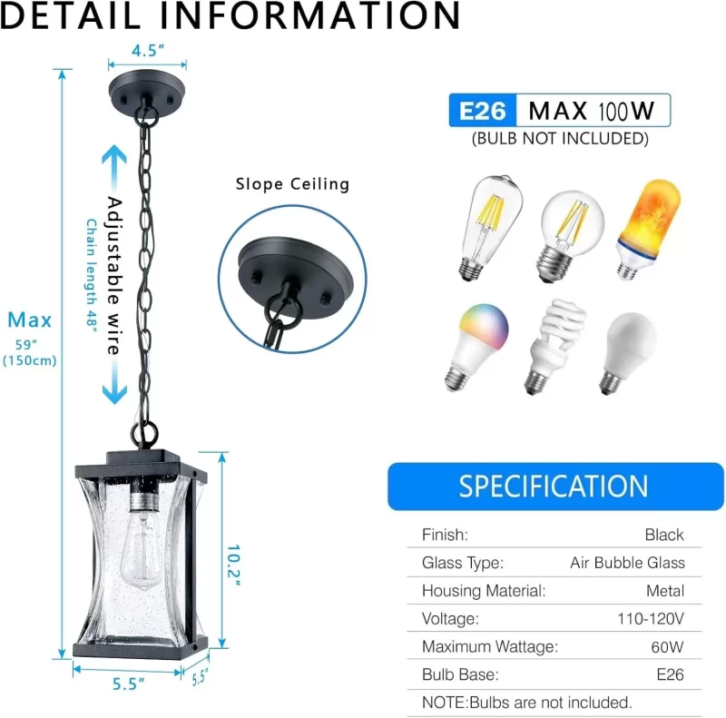 D05042P Outdoor Pendant Lights Fixture for Porch, Farmhouse Exterior Hanging Lantern with Adjustable Chain and Air Bubble Glass for Foyer Doorway Front Door Patio Entryway - Image 4