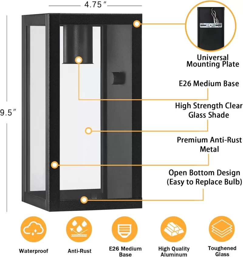 WL101B B04025P Outdoor Exterior Wall Lights for House 2Packs, 9.5'' Small Matte Black Waterproof Front Porch Lights with Tempered Glass, Outdoor Lighting Fixtures Outside Patio Garage Wall Mount Sconces, None-Bulb - Image 2