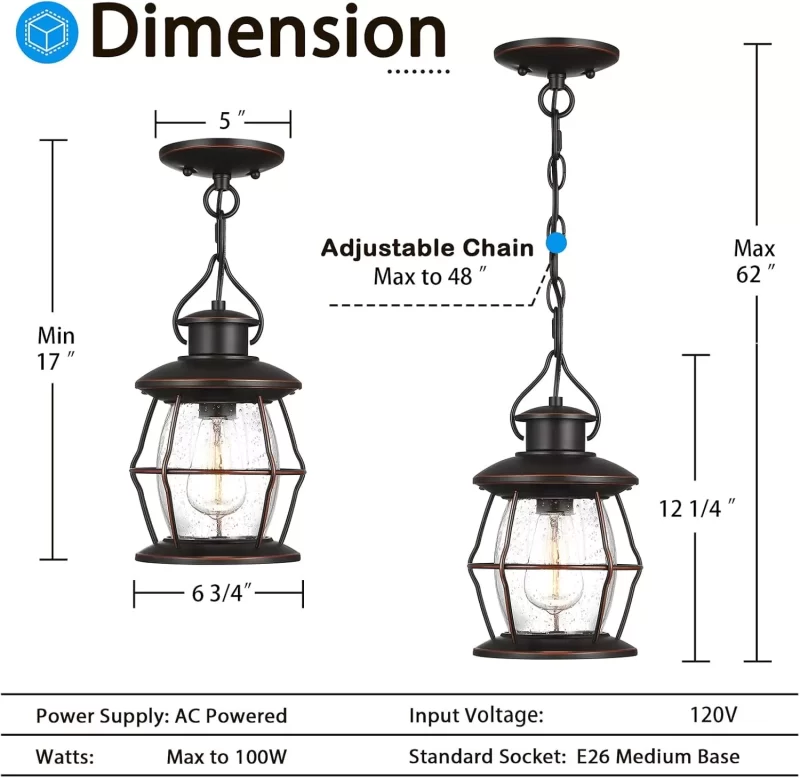 D06066BP Outdoor Pendant Light, Farmhouse Exterior Hanging Light Fixture with Adjustable Chain,Oil Rubbed Bronze Porch Light with Bubble Glass for Front Door Ceiling Entry Patio - Image 2