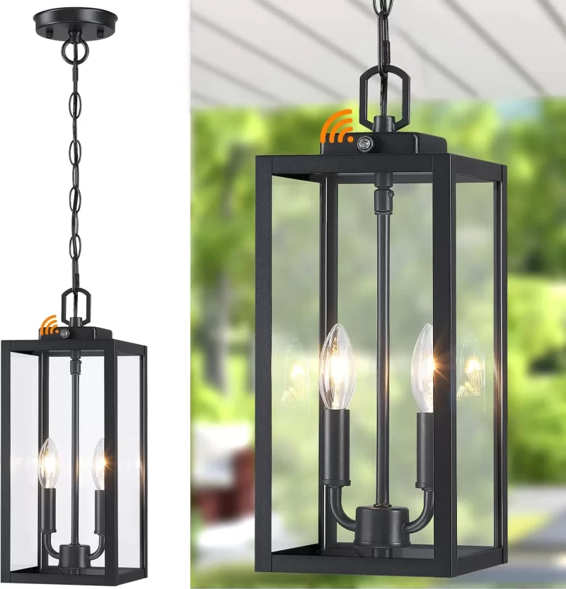 CL203A D06112PP Large Outdoor Pendant Light 2-Light, 15'' Dusk to Dawn Modern Black Metal Outside Chandelier Exterior Hanging Fixture Ceiling Mount with Clear Glass for Front Porch Entrance Foyer Entryway