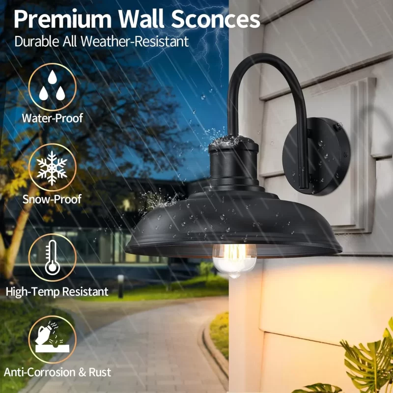 WL403B B12019PP 12'' Dusk to Dawn Outdoor Gooseneck Barn Light, 2-Pack Outdoor Wall Sconce Farmhouse Exterior Light Wall Lighting Fixture Industrial Black Wall Lantern for Porch, Entryway, Garage - Image 2