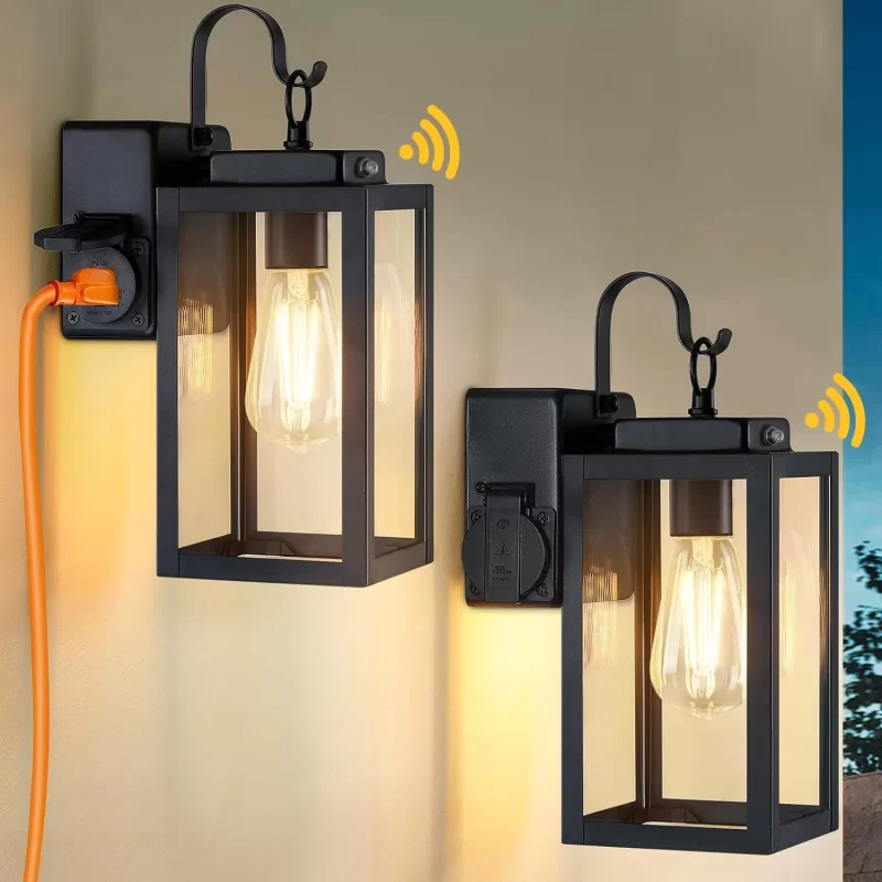 B05060BPP 2 Pack Porch Lights Outdoor Wall Sconce, Outdoor Light with GFCI Outlet, Waterproof Exterior Wall Lantern Light Fixtures, Anti-Rust Wall Lamp with Clear Glass for Patio Doorway Garage ,Black