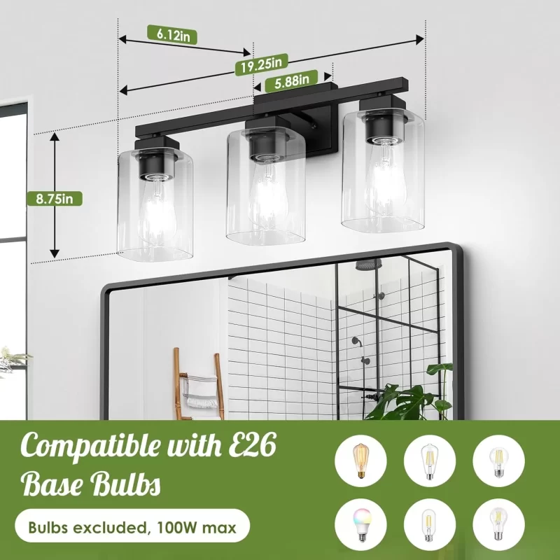 B19003P 3-Light Bathroom Light Fixtures, Modern Black Bathroom Vanity Light, Bathroom Lighting Fixtures Over Mirror, Matte Black Bathroom Wall Lamp, Wall Lights for Living Room Bedroom Hallway - Image 2