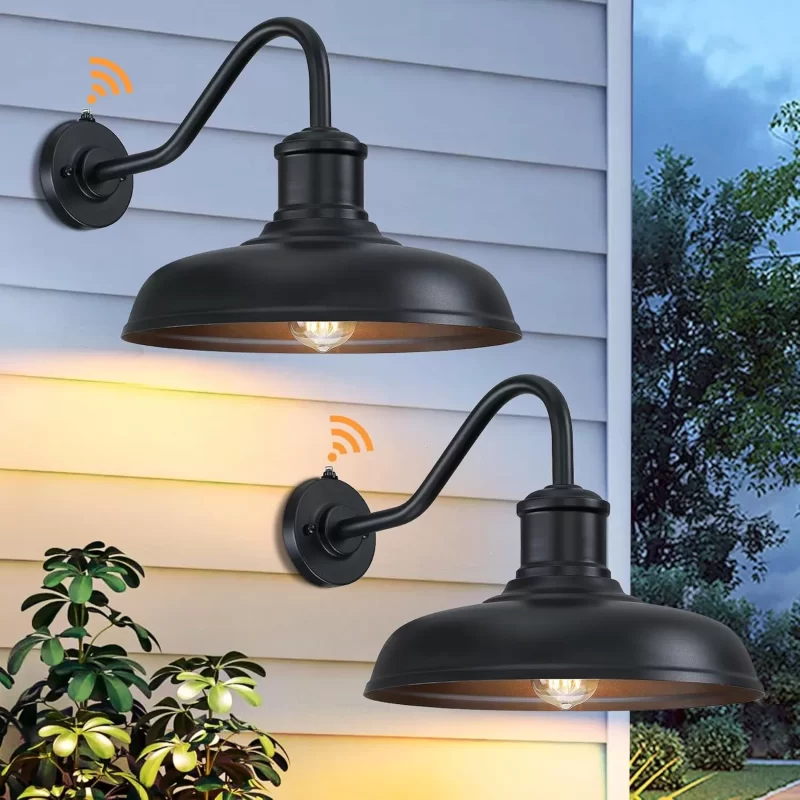 WL404B B13006PP 13.8'' Large Dusk to Dawn Outdoor Gooseneck Barn Light, 2-Pack Outdoor Wall Sconce Farmhouse Exterior Light Wall Lighting Fixture Industrial Black Lantern for Porch, Entryway, Garage