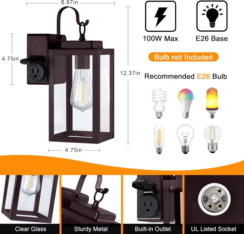 B05060BP 2 Pack Porch Lights Outdoor with UL Certified Outlet, Modern Outdoor Wall Lights Exterior Lighting Fixtures Waterproof, Outdoor Wall Sconces Outside Lights for House Front Door Garage - Image 2