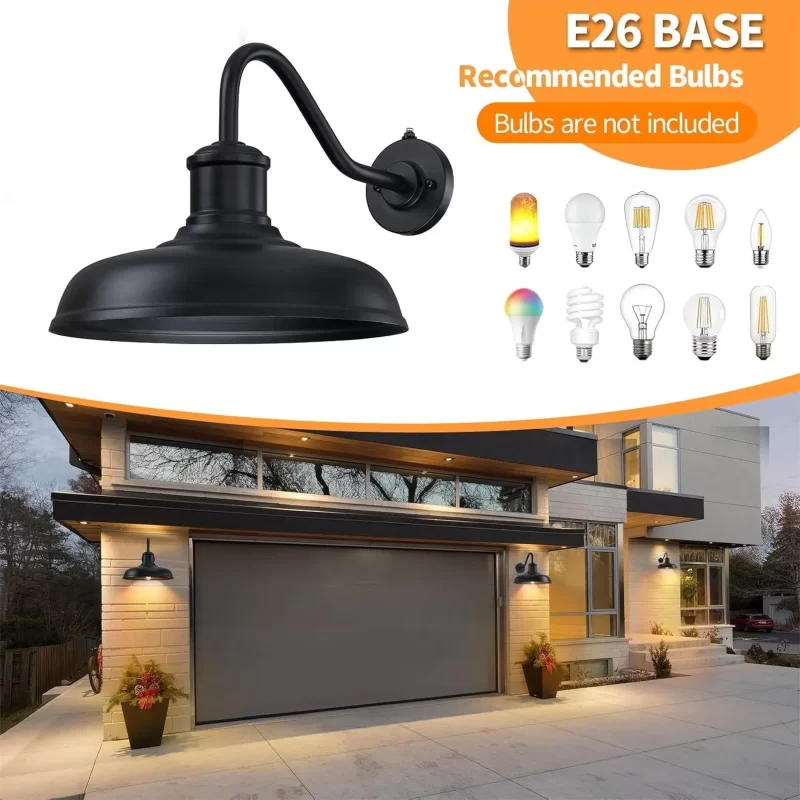 WL404B B13006PP 13.8'' Large Dusk to Dawn Outdoor Gooseneck Barn Light, 2-Pack Outdoor Wall Sconce Farmhouse Exterior Light Wall Lighting Fixture Industrial Black Lantern for Porch, Entryway, Garage - Image 4