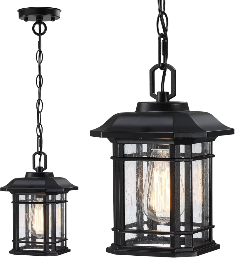CL204A D07027PP Outdoor Pendant Lights for Porch, Black Exterior Hanging Lanterns Outdoor, Farmhouse Outdoor Ceiling Light Fixture, Waterproof Tempered Seed Glass Outdoor Chandelier - Image 3