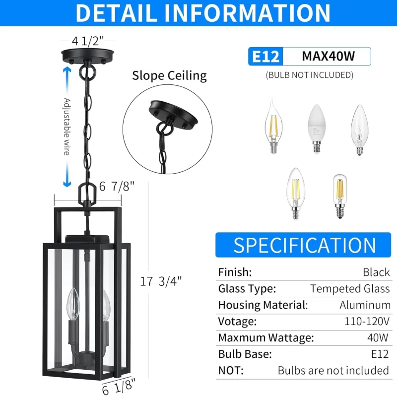 CL214A D06201P Large Outdoor Pendant Light 2-Light, 17.75'' Modern Black Metal Outside Chandelier Exterior Hanging Fixture Ceiling Mount with Clear Glass for Front Porch Entrance Entryway - Image 3