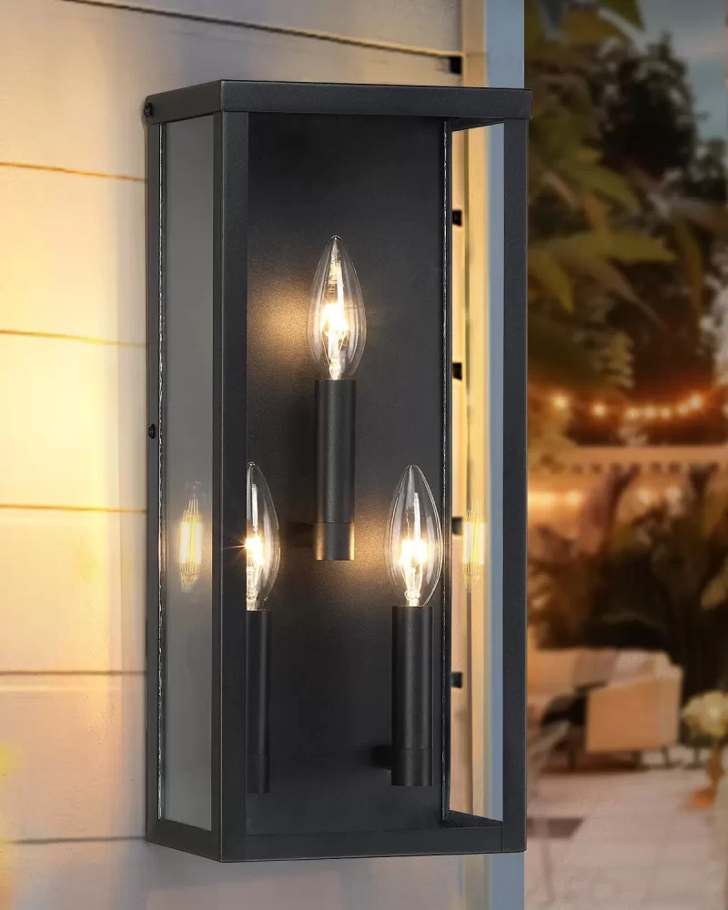 WL110A B06130P 15.4'' Outdoor Light Fixture 3-Light, Modern Outdoor Wall Lights Lantern Black Porch Light for House, Waterproof Exterior Lighting Fixtures Sconce with Clear Glass for Patio, Garage
