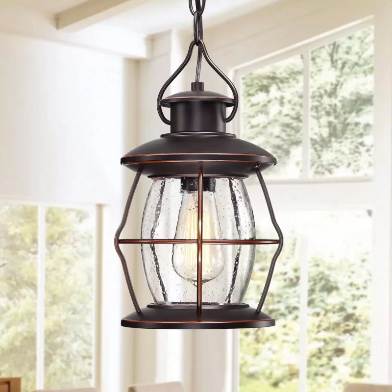 D06066BP Outdoor Pendant Light, Farmhouse Exterior Hanging Light Fixture with Adjustable Chain,Oil Rubbed Bronze Porch Light with Bubble Glass for Front Door Ceiling Entry Patio