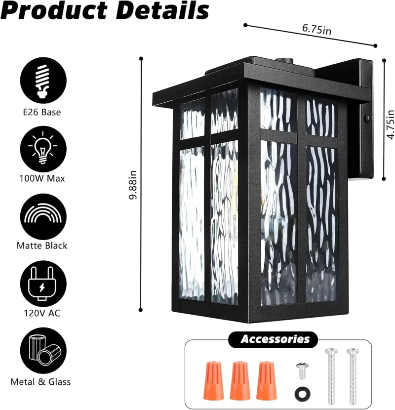 B06092P 2 Pack Outdoor Wall Light Fixtures, Waterproof Porch Lights Wall Lanterns, Exterior Lights for Outside Wall Scones with E26 Socket for Front Door Garage，Black - Image 3