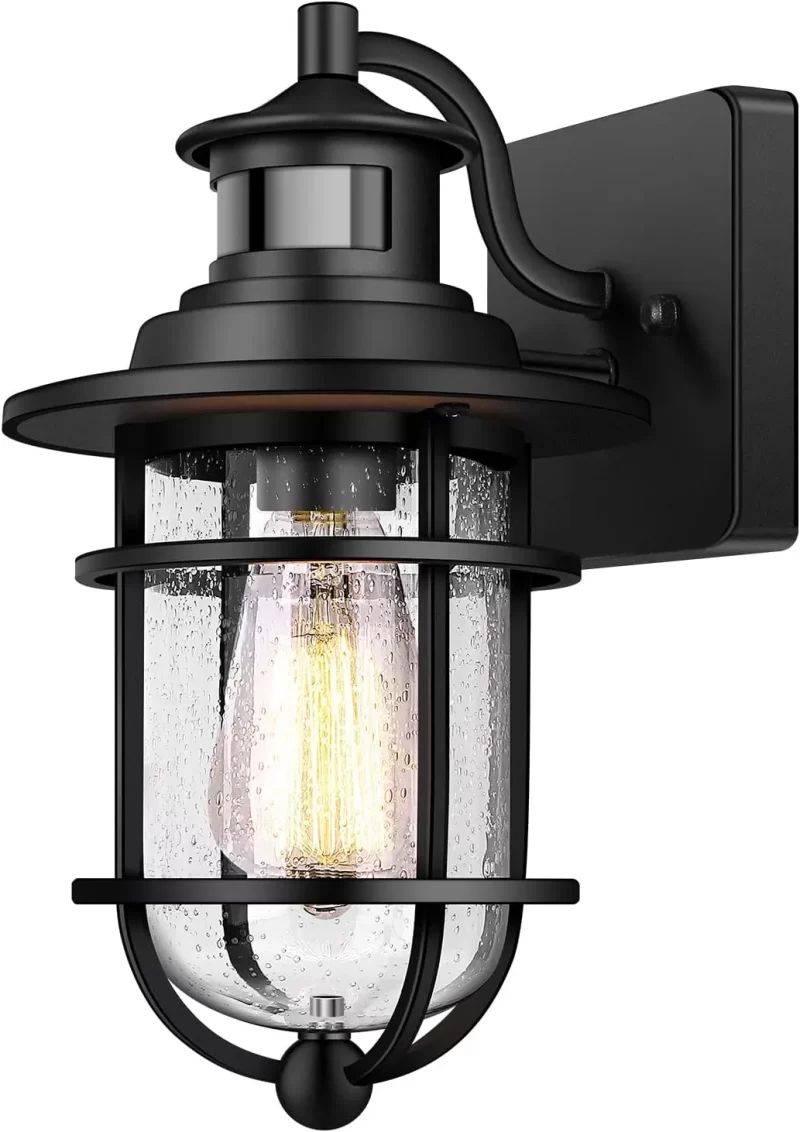 B06046PG Motion Sensor Outdoor Wall Lantern Dusk to Dawn Waterproof Exterior Wall Sconce with Seeded Glass Black Wall Mount Light Fixture for Porch Doorway Garage, E26 Socket, Motion Activated