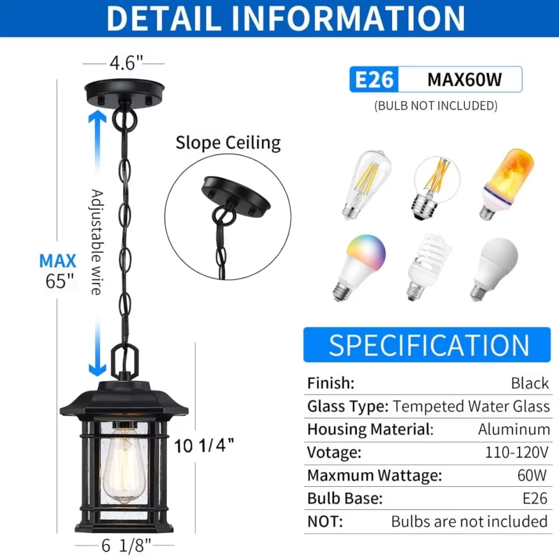 CL204A D07027PP Outdoor Pendant Lights for Porch, Black Exterior Hanging Lanterns Outdoor, Farmhouse Outdoor Ceiling Light Fixture, Waterproof Tempered Seed Glass Outdoor Chandelier - Image 2