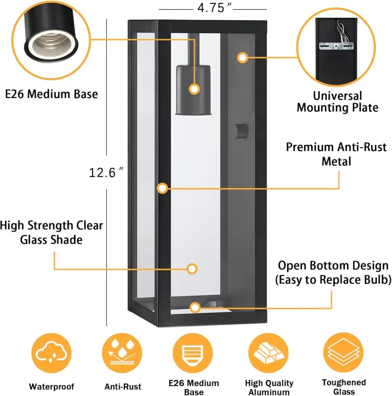 WL102B B04025BP Outdoor Exterior Wall Lights for House 2Packs, 12.6'' Matte Black Rectangular Metal Frame & Clear Glass Shade, Waterproof Outdoor Garage Lights Patio Wall Sconce Porch Light, Bulb Not Included - Image 2