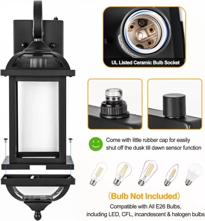 B07049PP 18” Dusk to Dawn Outdoor Lights for House 2-Pack, Anti-Rust Aluminum Exterior Light Fixtures with Fully Enclosed Bottom Outside Wall Lanterns IP65 Waterproof Porch Lights - Image 5