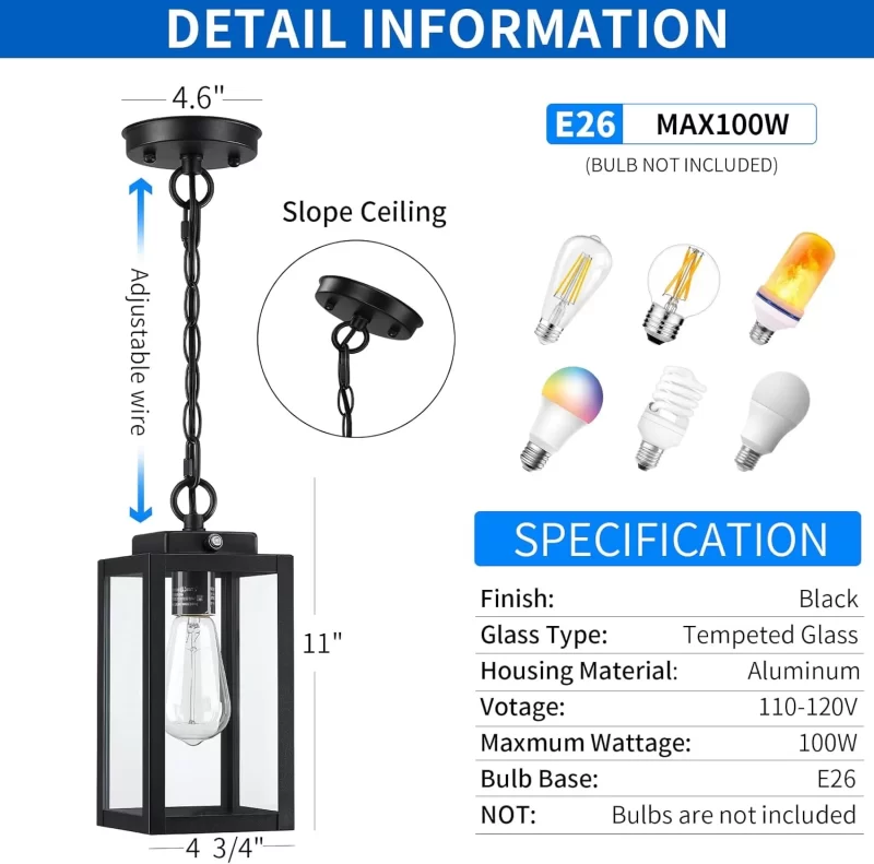 CL207A D05068PP Outdoor Pendant Light, 11'' Dusk to Dawn Modern Outside Chandelier Outdoor Hanging Lantern Light, Matte Black with Clear Glass, Exterior Pendant Lighting Fixture for Porch, Yard, Gazebo - Image 2