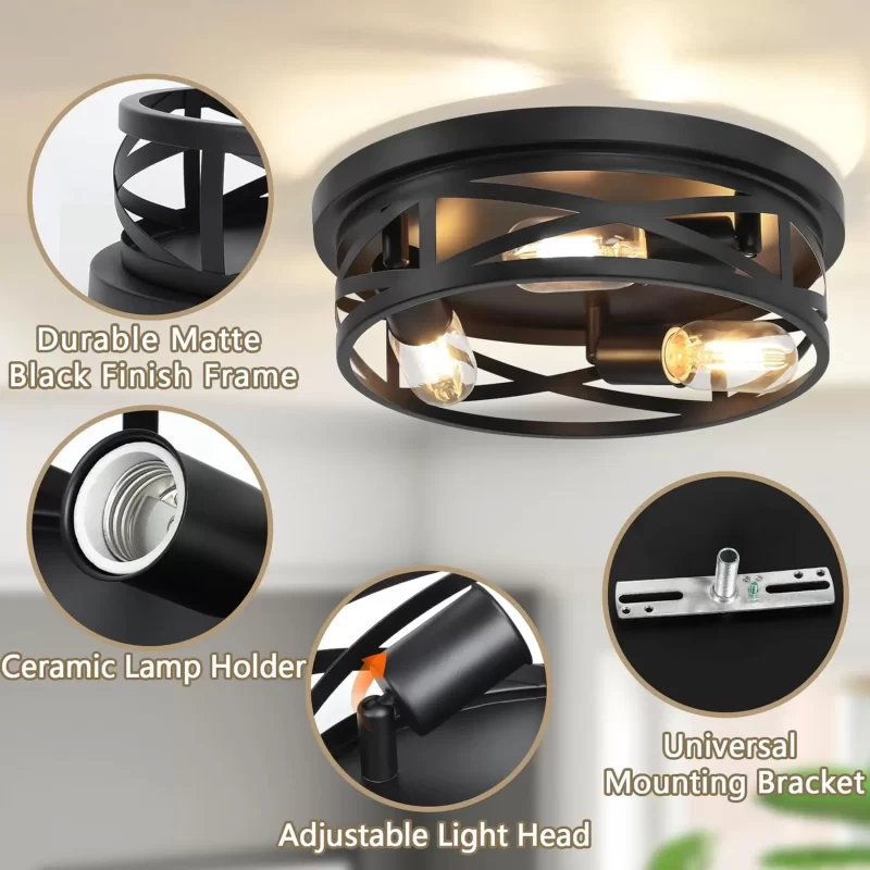 X12021P 13-Inch Farmhouse Ceiling Light Fixture, 3-Light Flush Mount Light Fixture, Kitchen Lighting Fixtures Ceiling with Adjustable Head, Black Light Fixture for Bedroom Hallway Kitchen Entryway - Image 2