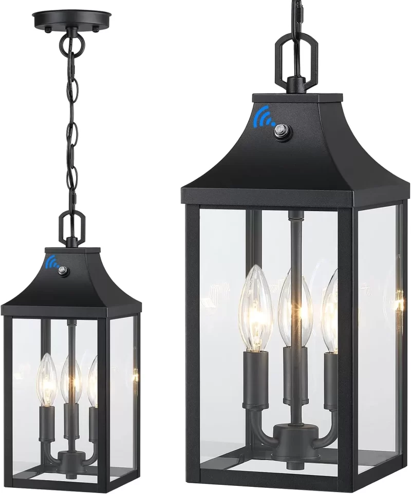 CL205A D06091FPP Large Outdoor Pendant Light Fixtures 3-Light, 15'' Dusk to Dawn Exterior Hanging Lantern Porch Light Adjustable, Black Hanging Lamp Farmhouse Exterior Chandelier Ceiling Mount for Entrance Patio