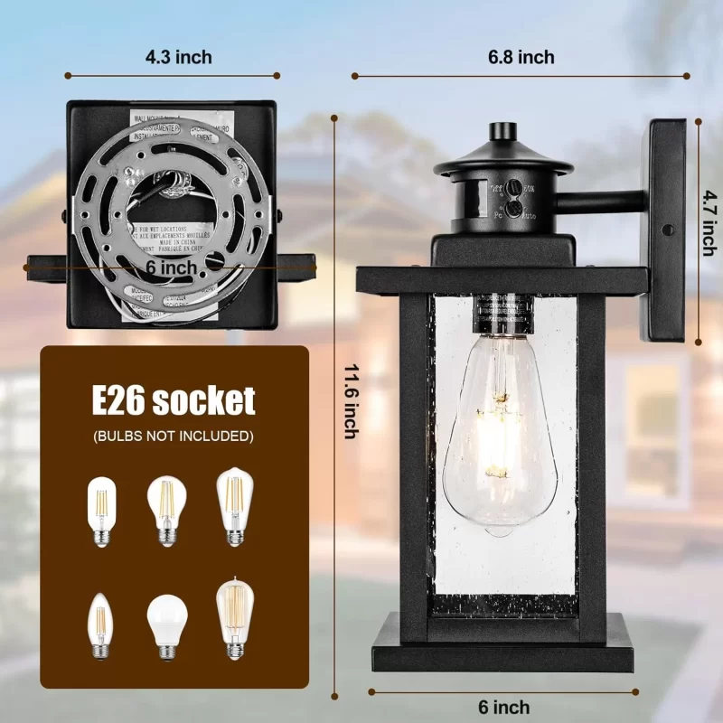 B06116BPG Motion Sensor Outdoor Lights Wall Mount, Dusk to Dawn Garage Exterior Light Fixture 2 Packs, Outdoor Wall Lighting with E26 Socket, Waterproof Unique Glass Shade, Exterior Lights for House, Porch - Image 2