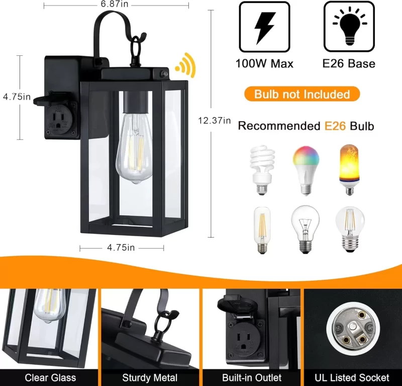 B05060BPP 2 Pack Porch Lights Outdoor Wall Sconce, Outdoor Light with GFCI Outlet, Waterproof Exterior Wall Lantern Light Fixtures, Anti-Rust Wall Lamp with Clear Glass for Patio Doorway Garage ,Black - Image 2