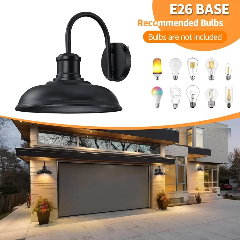 WL403B B12019PP 12'' Dusk to Dawn Outdoor Gooseneck Barn Light, 2-Pack Outdoor Wall Sconce Farmhouse Exterior Light Wall Lighting Fixture Industrial Black Wall Lantern for Porch, Entryway, Garage - Image 3