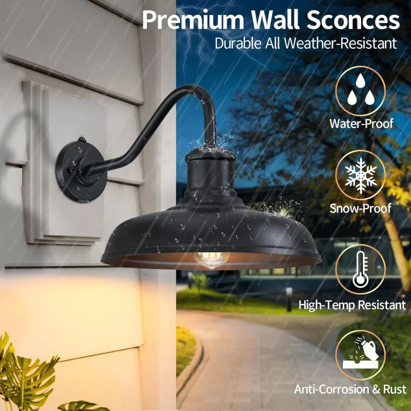 WL404B B13006PP 13.8'' Large Dusk to Dawn Outdoor Gooseneck Barn Light, 2-Pack Outdoor Wall Sconce Farmhouse Exterior Light Wall Lighting Fixture Industrial Black Lantern for Porch, Entryway, Garage - Image 6