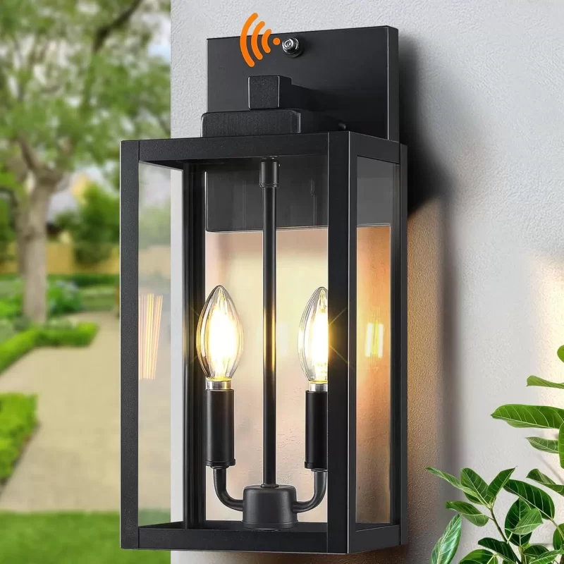 WL302A B07043BPP 15.4" Dusk to Dawn Black Outdoor Wall Lantern 2-Light, Outside Modern Wall Sconce Light Fixture, Industrial Porch Light Wall Mount with E12 Sockets, Waterproof Exterior Lamp Lighting